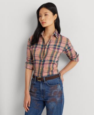 로렌 랄프로렌 Lauren Ralph Lauren Womens Checked Plaid Linen Shirt,Pink/Blue Multi