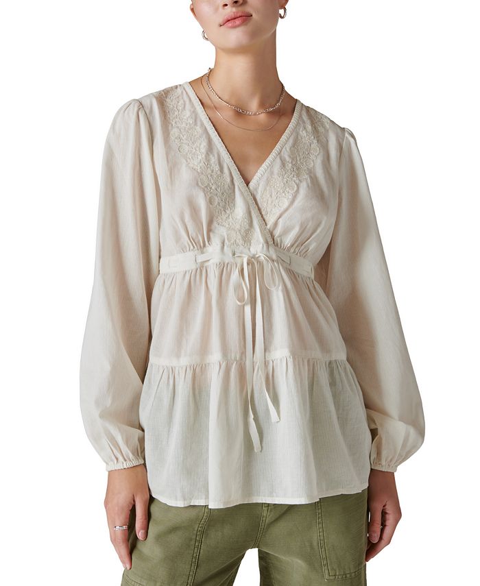 Lucky Brand Women's Babydoll Lace Trim Top, Egret, Large at