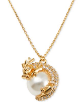 kate spade new york - Gold-Tone Pav&eacute; & Imitation Pearl Dragon Pendant Necklace, 16" + 3" extender