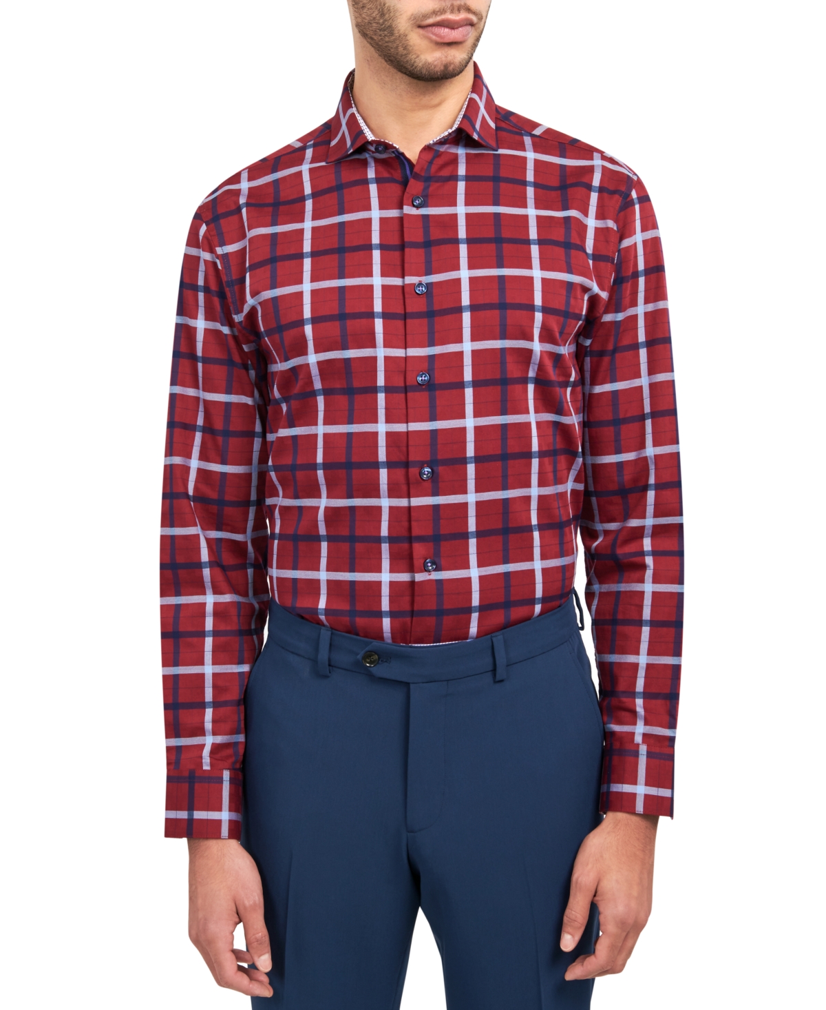 Men's Regular-Fit Windowpane Check Dress Shirt - Red