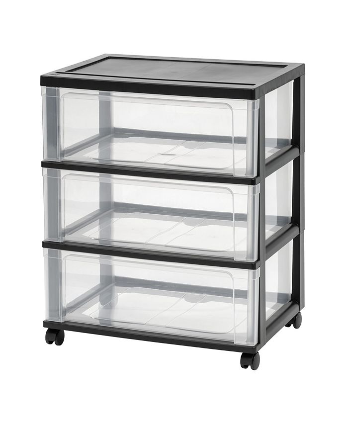 Plastic 3 Drawer Wide Storage Cart with 4 Caster Wheels, Black - Black - ONE SIZE