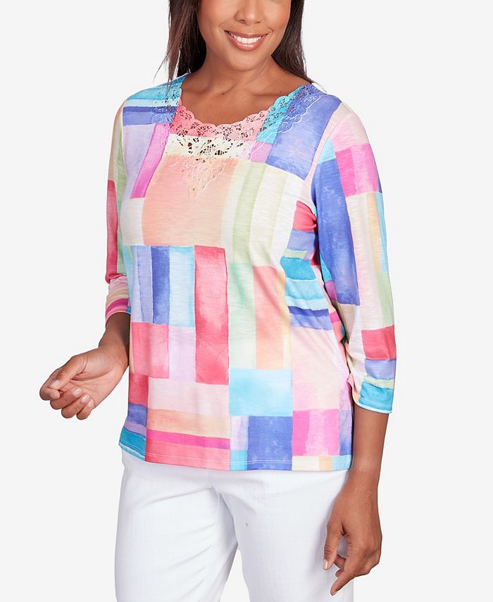 Alfred Dunner Petite Burnout Striped Lace Top