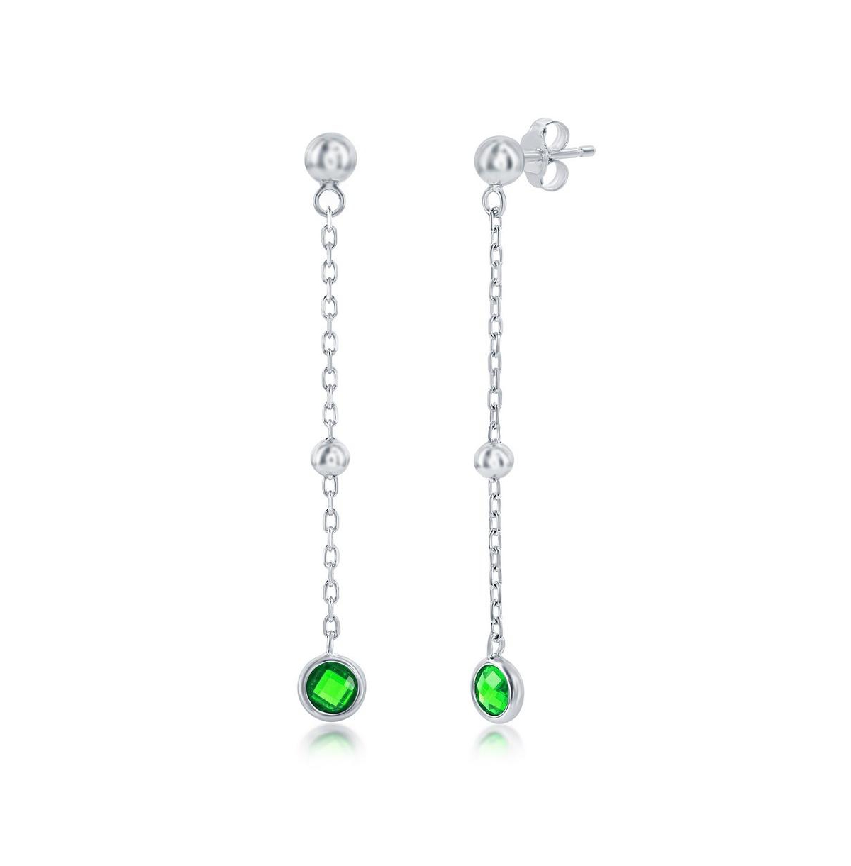 Sterling Silver Bezel-Set Cz Bead Chain Earrings (White, Green, Blue Or Red) - Ruby