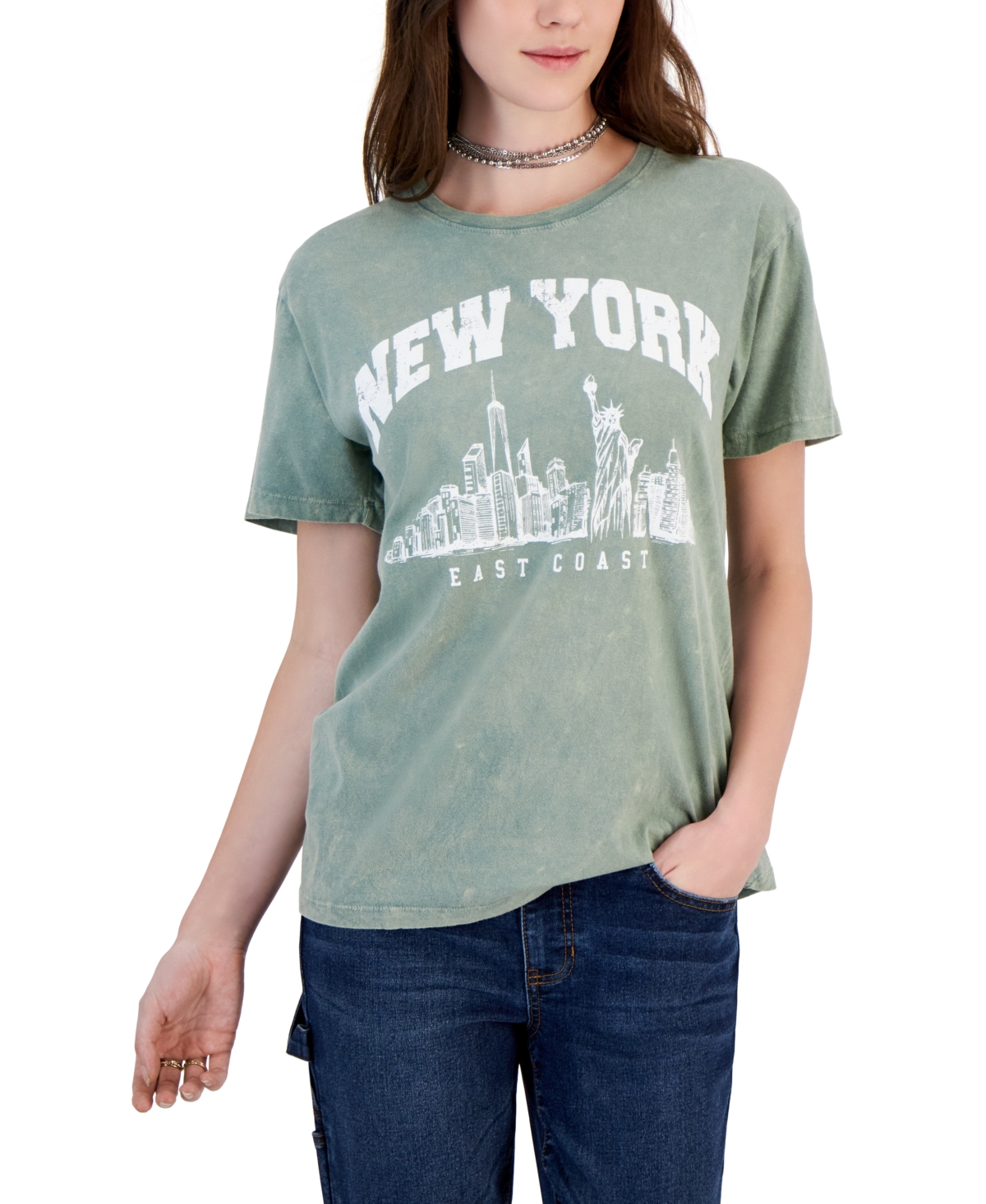 Shop Rebellious One Juniors' Crewneck Cotton New York Graphic Boyfriend T-shirt In Sage Min Wash
