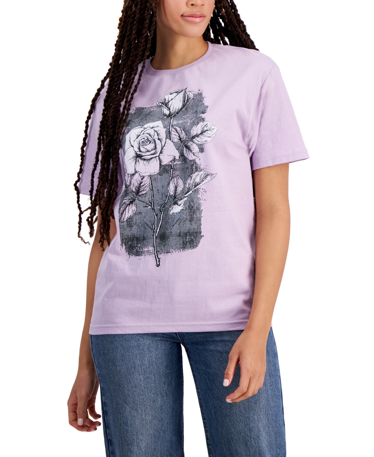 Juniors' Faded-Rose-Graphic Cotton T-Shirt - Fair Orchid