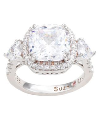 Suzy Levian Sterling Silver Cushion Cut White Cubic Zirconia Halo Bridal Ring
