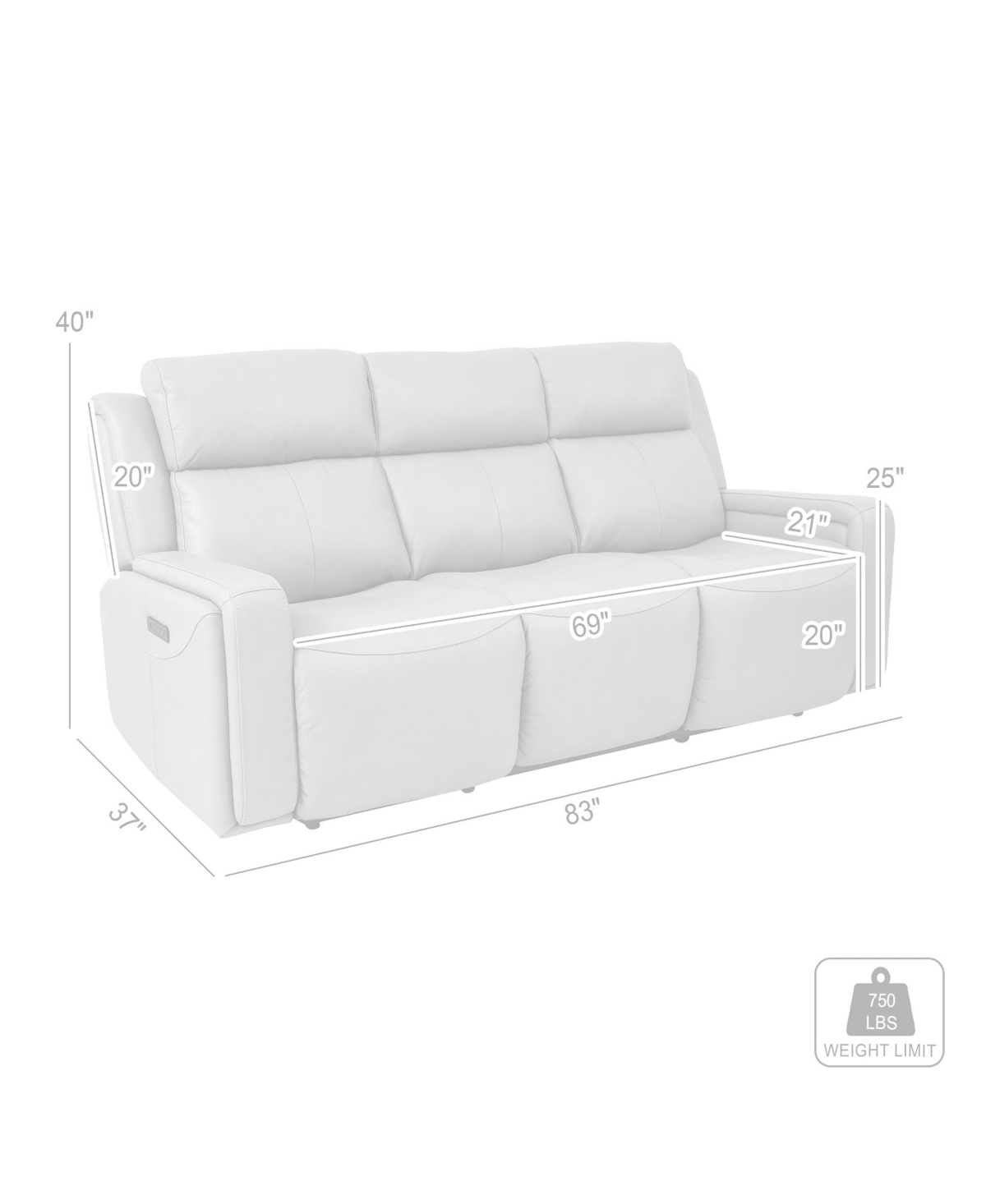 Armen Living Claude 83" Genuine Leather In Dual Power Headrest And Lumbar Support Reclining Sofa In Light Gray