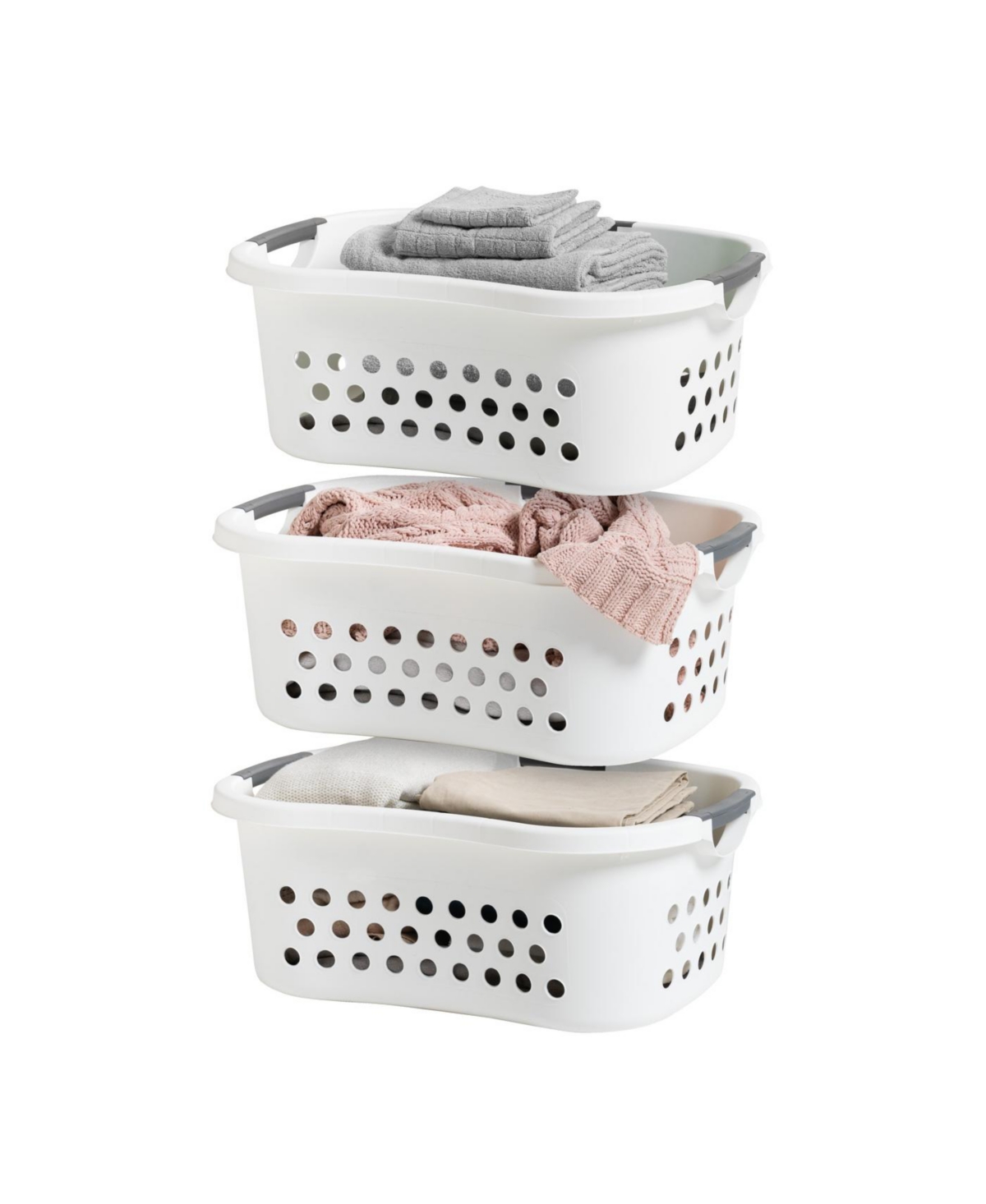 Usa 50L Plastic Hip Hold Laundry Basket with Built-In Comfort Carry Handles, 3-Pack, 1.5 Bushel, Clothes Hamper, Laundry Hamper, Ventilation Hole