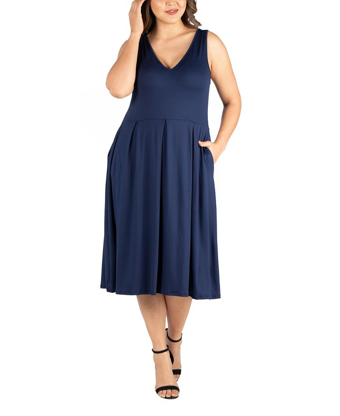 24seven Comfort Apparel Plus Size Midi Fit and Flare Pocket Dress - Macy's