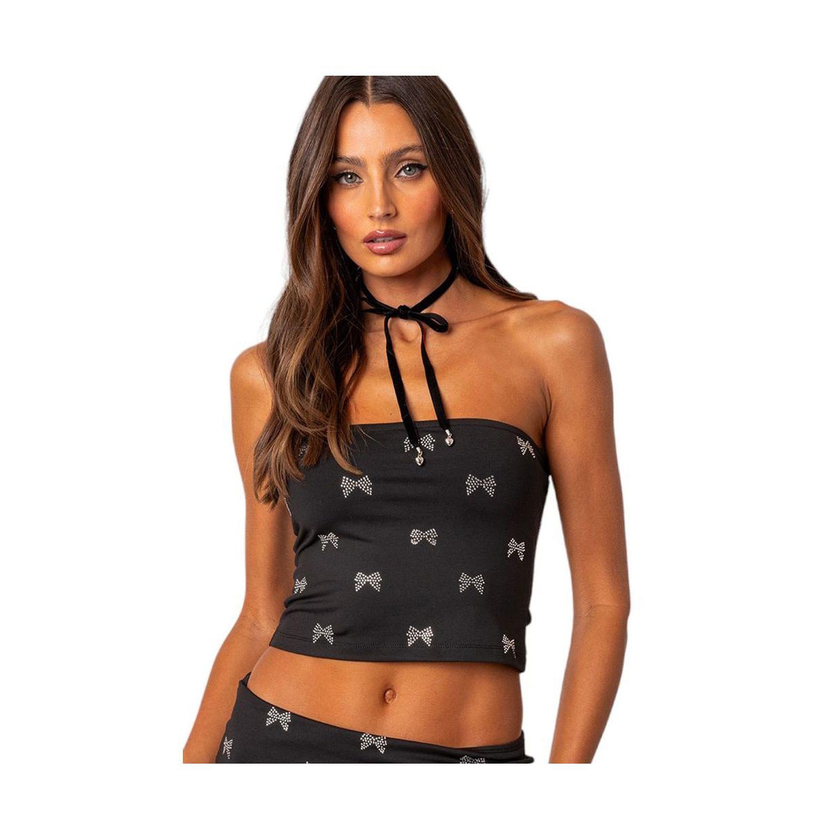 Edikted Rhinestone Bow Strapless Crop Top In Black