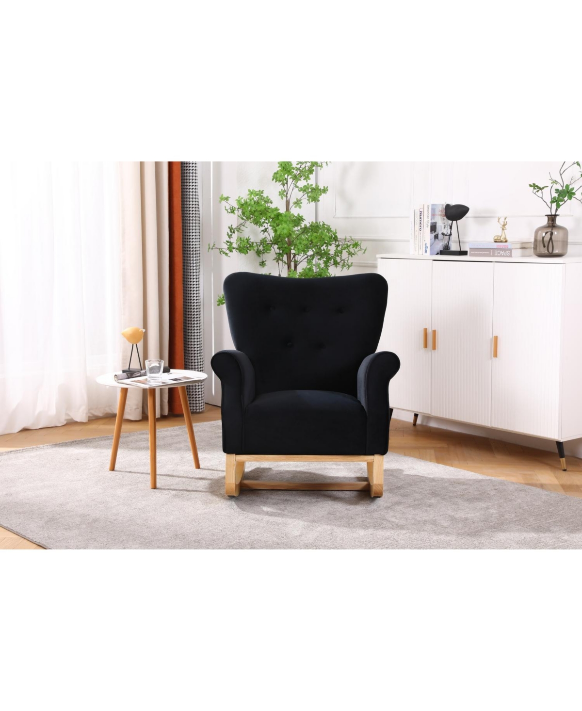 Mid Century Fabric Rocker Chair With Wood Legs And Velvet For Living Room Bedroom