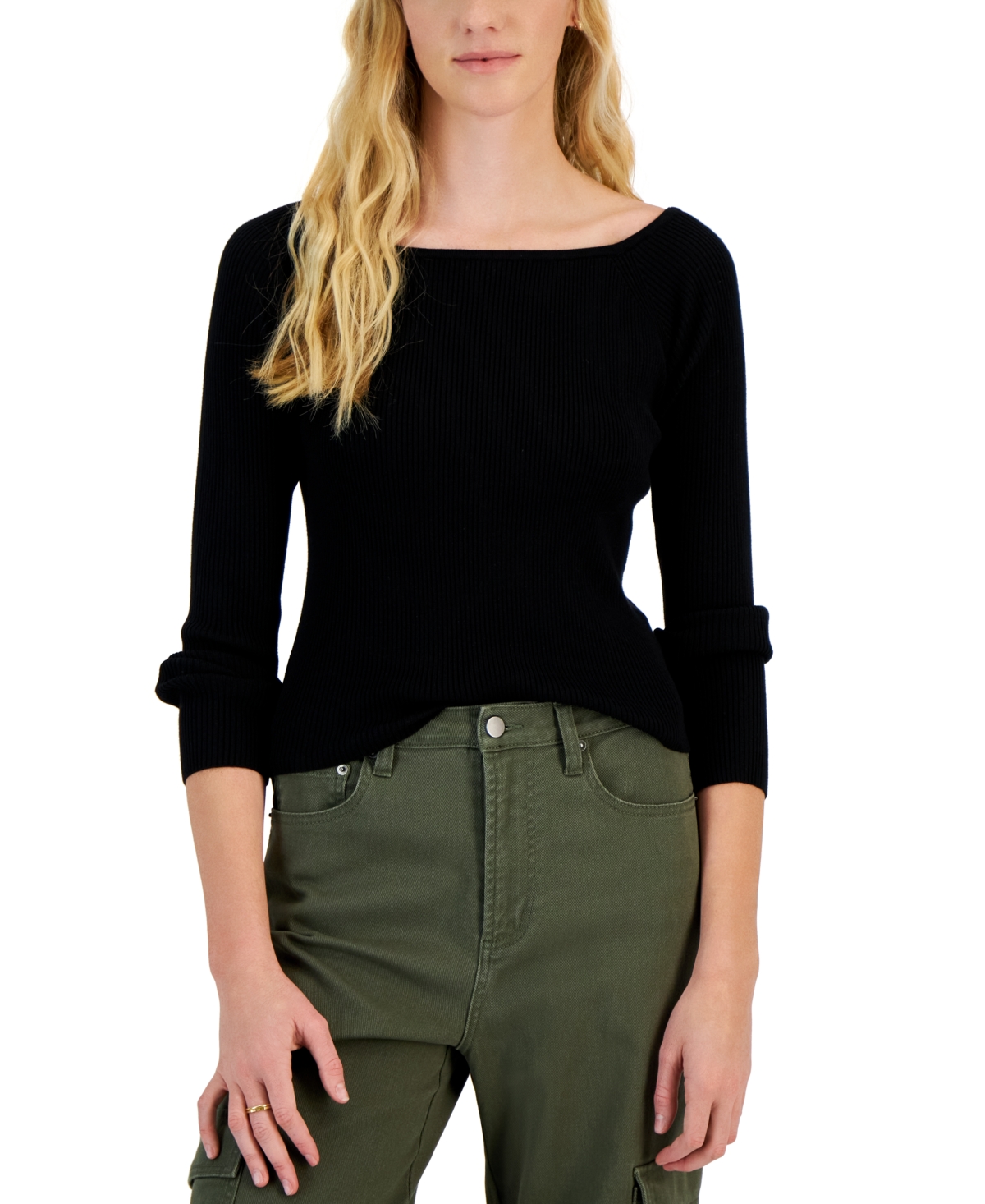Shop Hooked Up By Iot Juniors' Off-the-shoulder Ribbed Sweater In Black