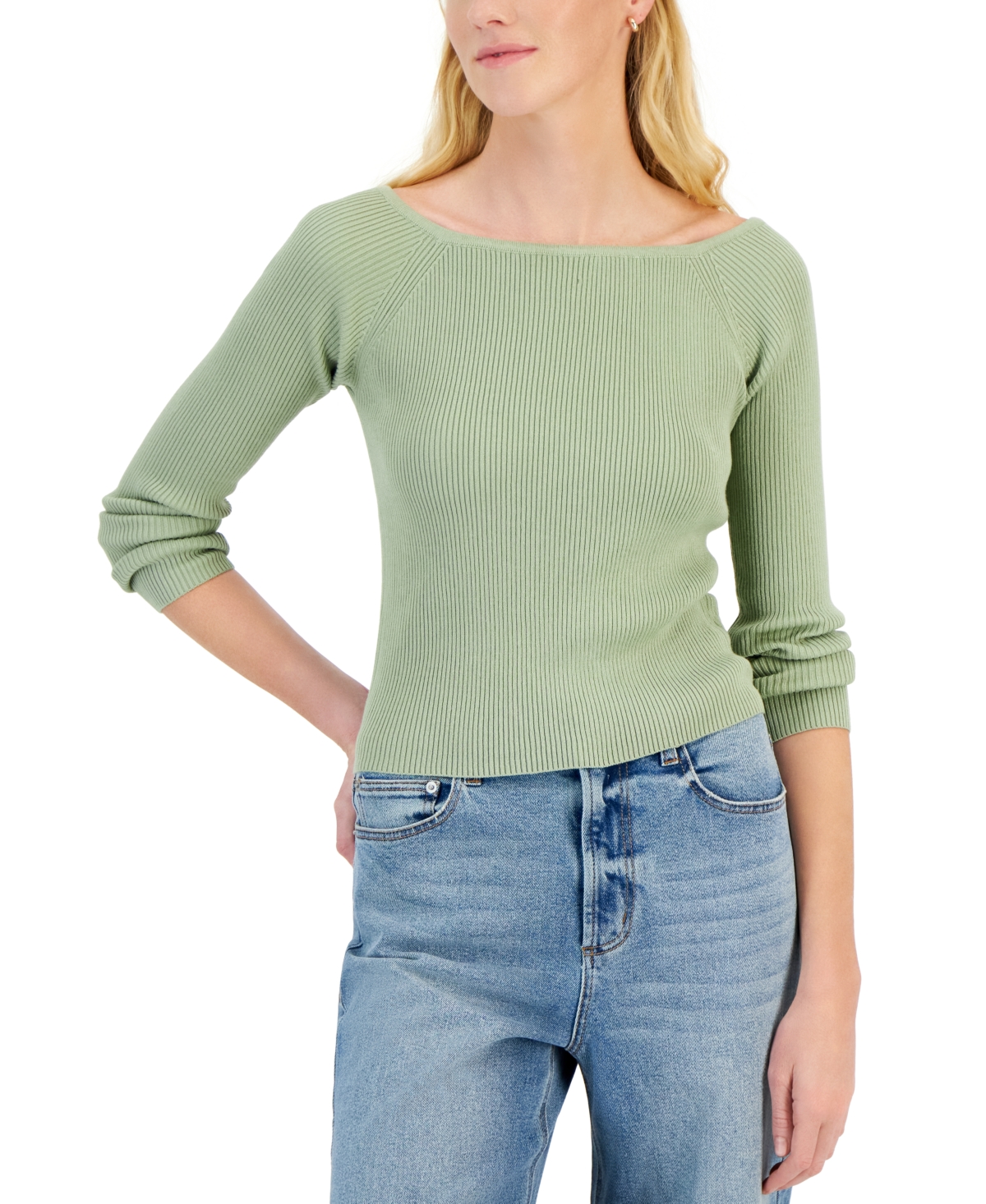 Shop Hooked Up By Iot Juniors' Off-the-shoulder Ribbed Sweater In Fresh Sage