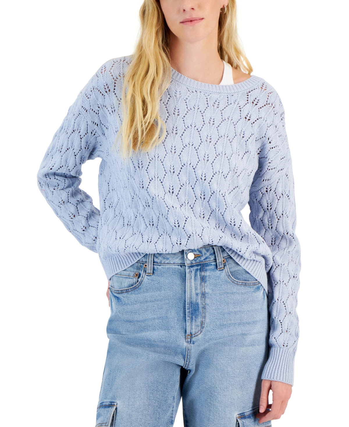 Shop Hooked Up By Iot Juniors' Long-sleeve Pointelle Sweater In Skylight Blue