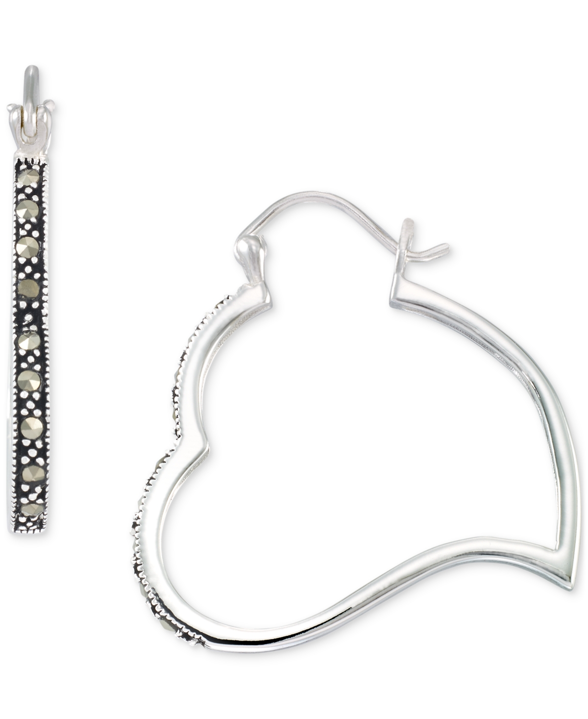 Macy's Marcasite Heart Small Hoop Earrings (1/4 Ct. T.w.) In Sterling Silver, 1"