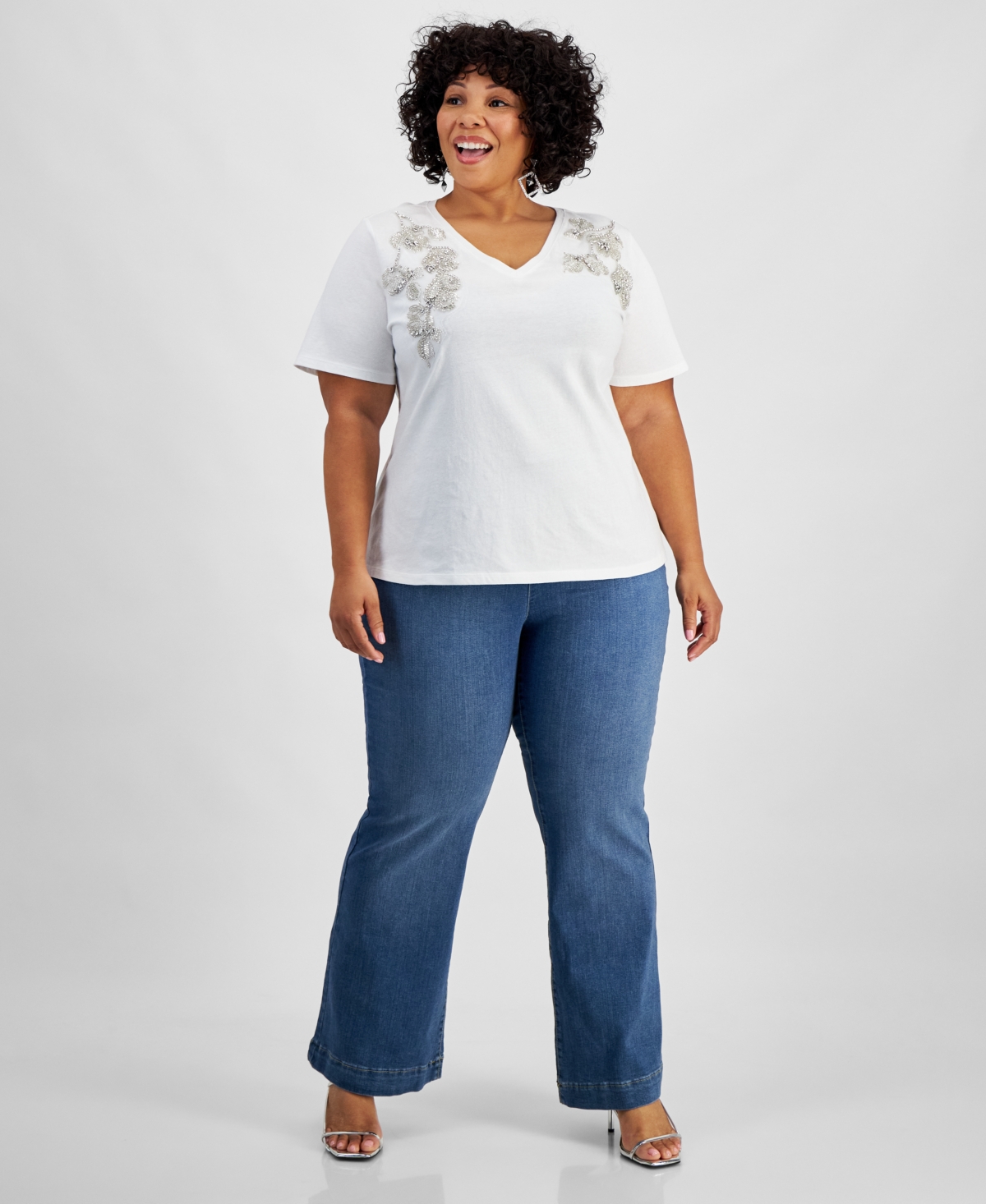 Inc International Concepts Plus Size Cotton V-neck Embellished T-shirt, Created For Macy's In Bright White
