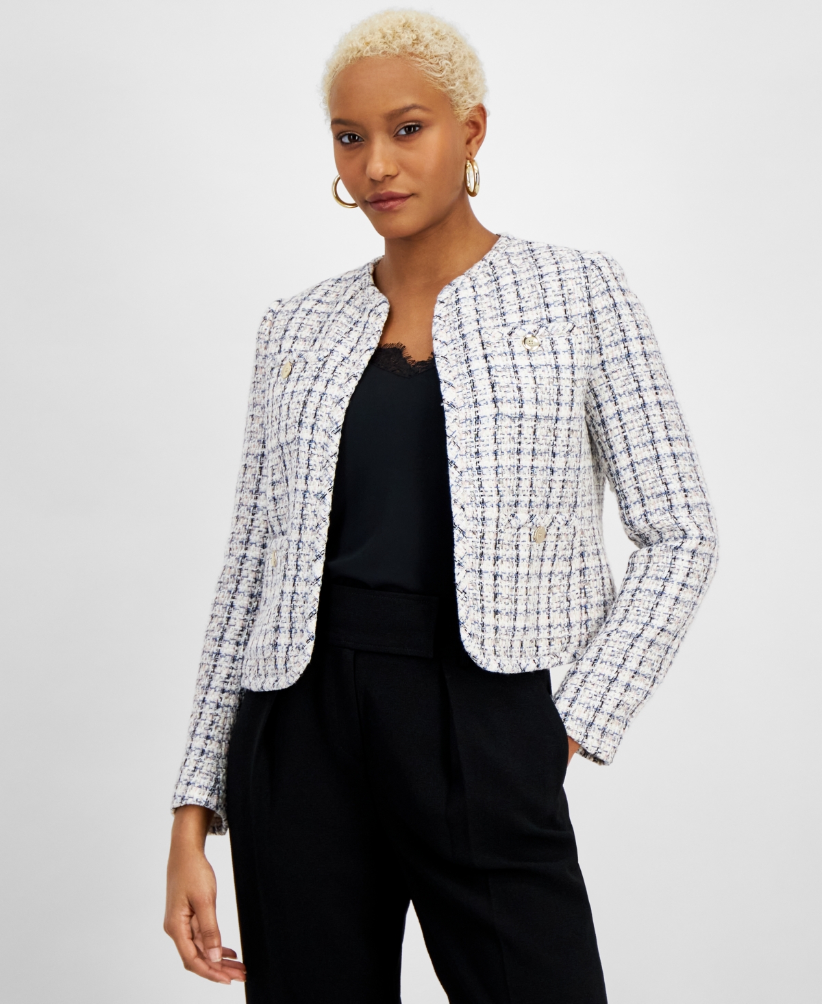 Bar Iii Women's Tweed Cropped Collarless Jacket, Created For Macy's In Delft Blue Multi