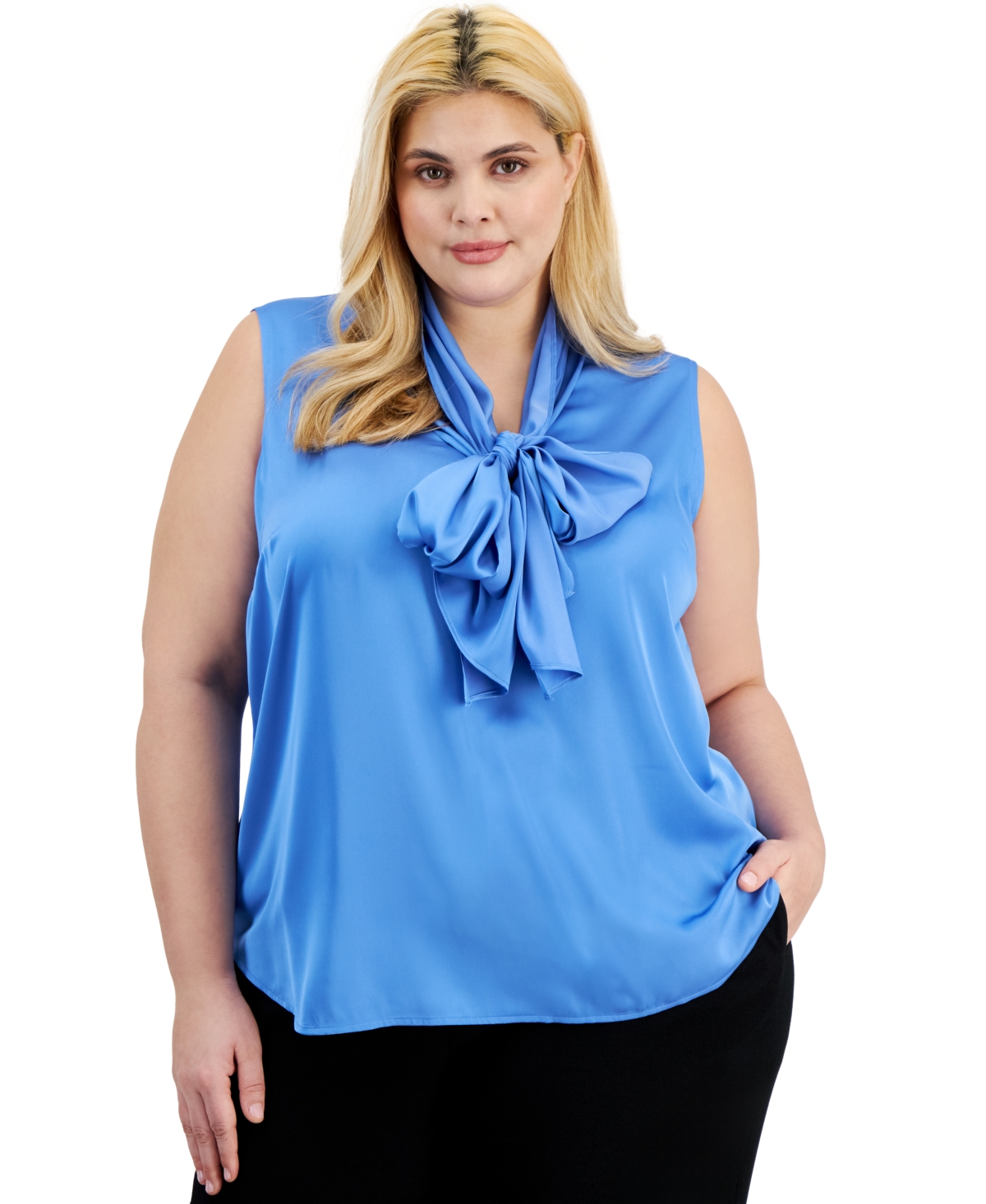 Bar Iii Plus Size Satin Sleeveless Bow-neck Top, Created For Macy's In Delft Blue