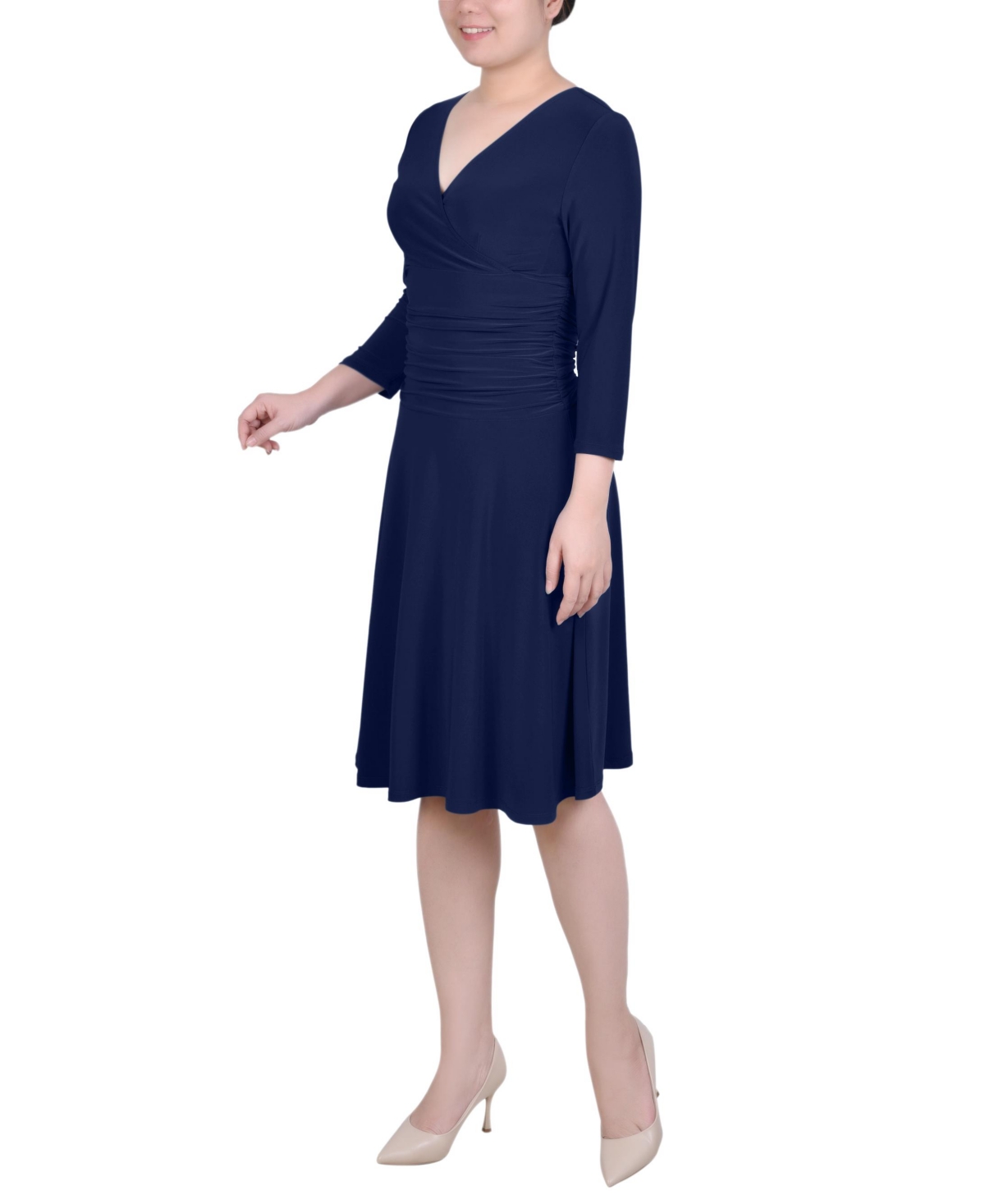 Ny Collection Petite 3/4 Sleeve Rouched-Waist Dress
