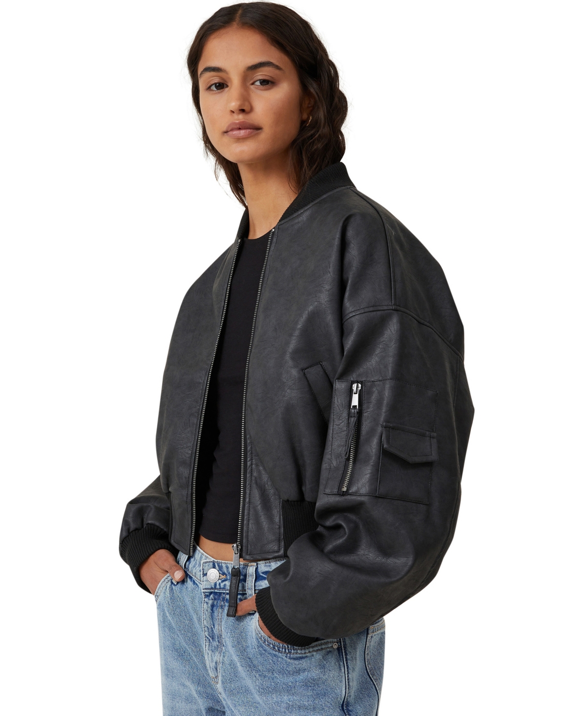 Cotton On Women's Faux Leather Cropped Bomber Jacket In Black