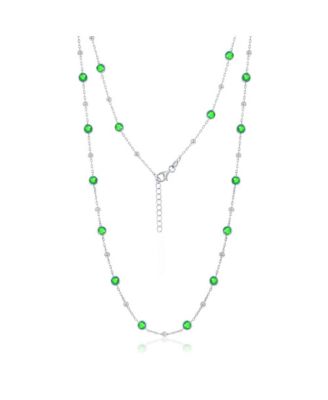 Sterling Silver Bezel-Set CZ & Bead Station Necklace (White, Green, Blue, Or Red)