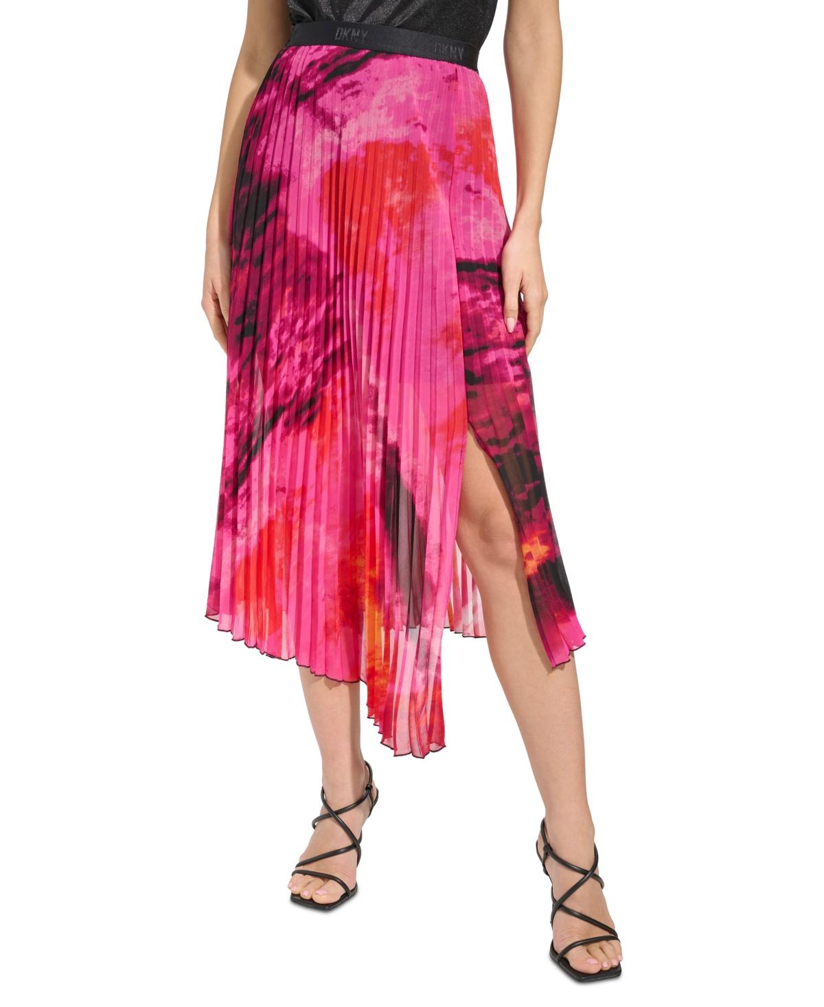 Shop Dkny Women's Printed Pleated Asymmetrical-hem Skirt In Shocking Pink Multi