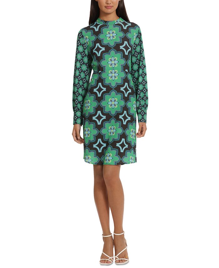 DONNA MORGAN Women's Mock Neck Long Sleeve Floral Print Shift Mini Dress