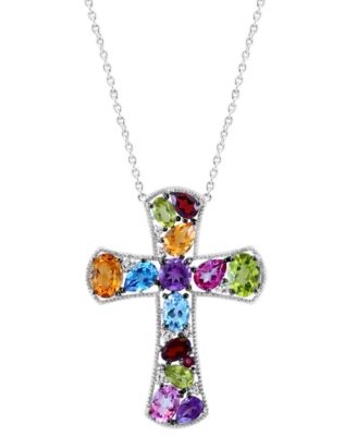 EFFY&reg; Multi-Gemstone Cross 18" Pendant Necklace (9-3/4 ct. t.w.) in Sterling Silver