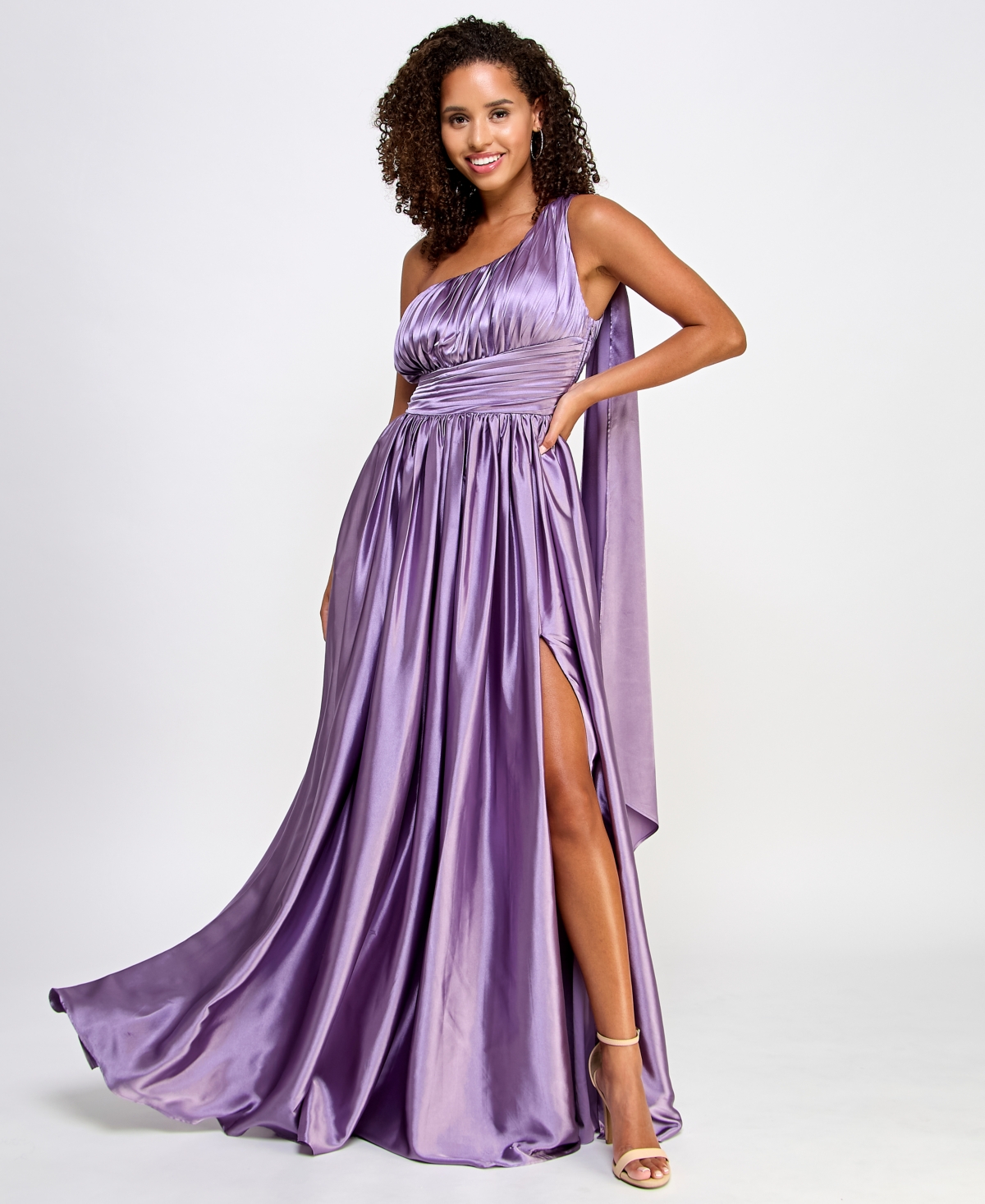 Juniors' Satin One-Shoulder Pleated Gown, Created for Macy's - Dark Lavender