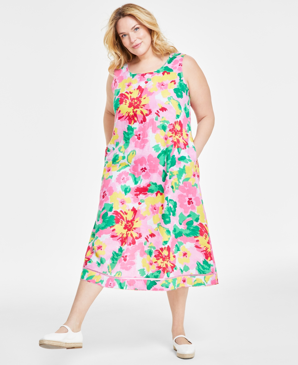 Plus Size 100% Linen Printed Maxi Tank Dress, Created for Macy's - Buble Bath Combo