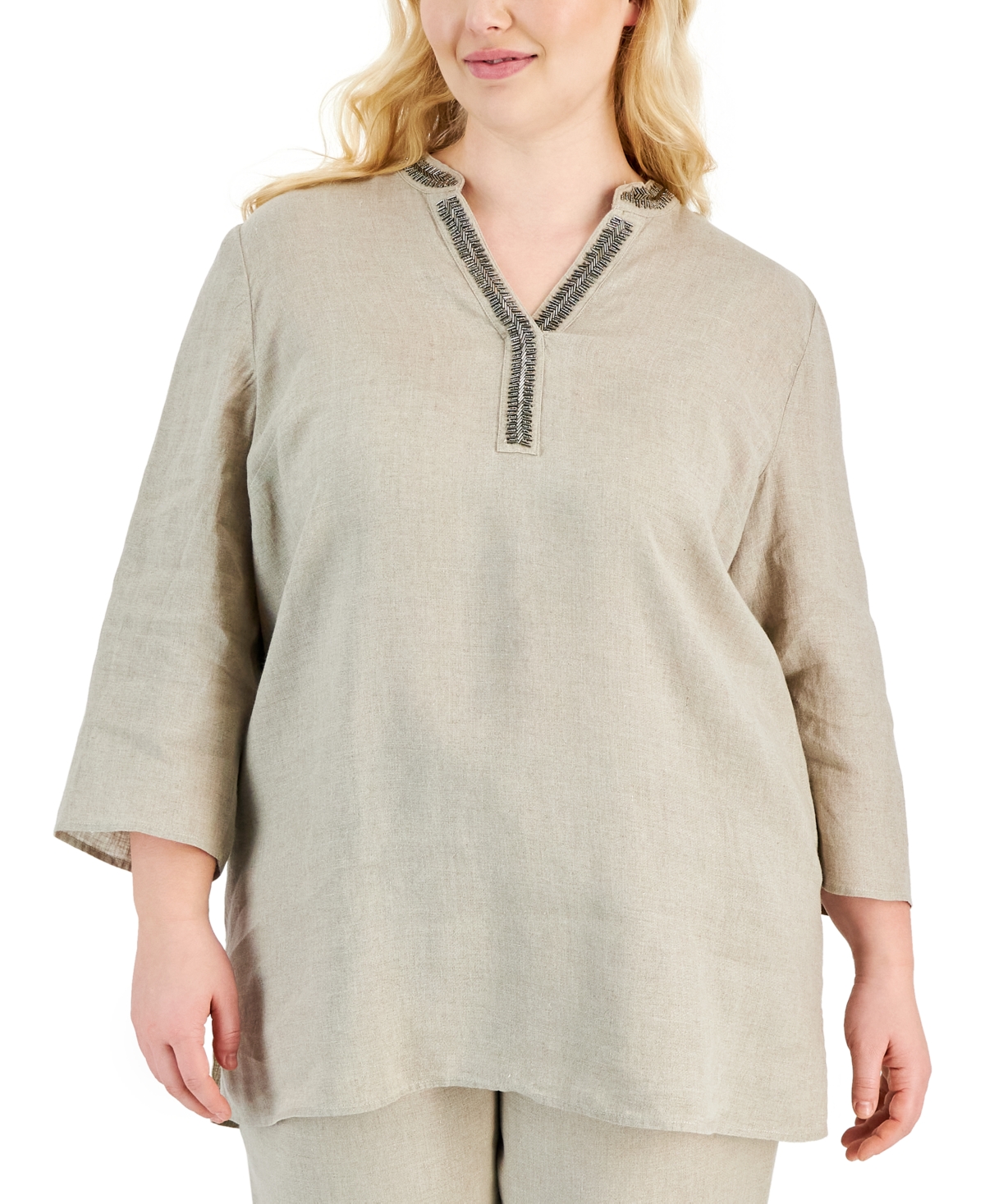 Plus Size Linen Embellished Tunic, Created for Macy's - Flax Combo