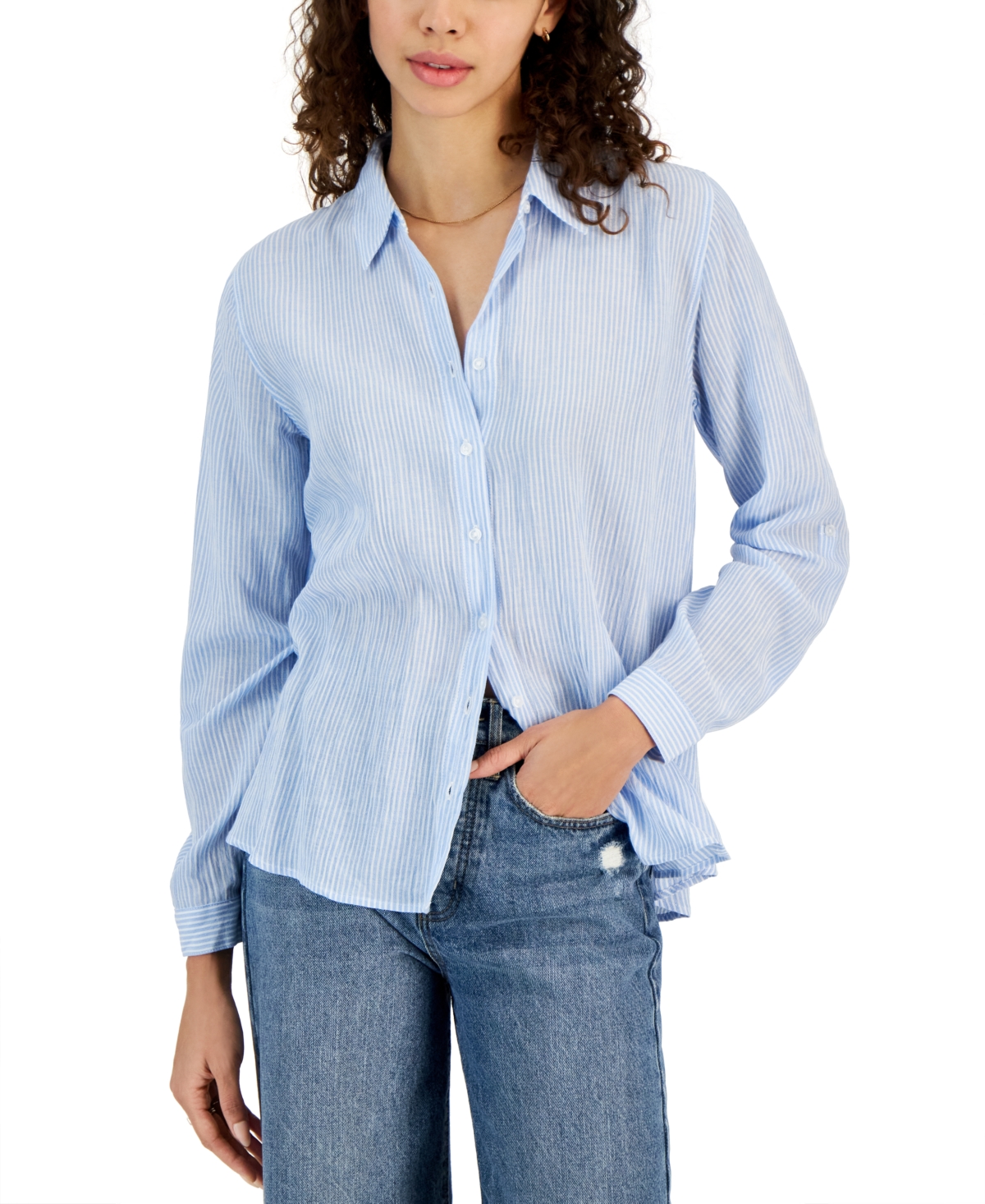 Hippie Rose Juniors' Button-up Shirt In Blue Stripe