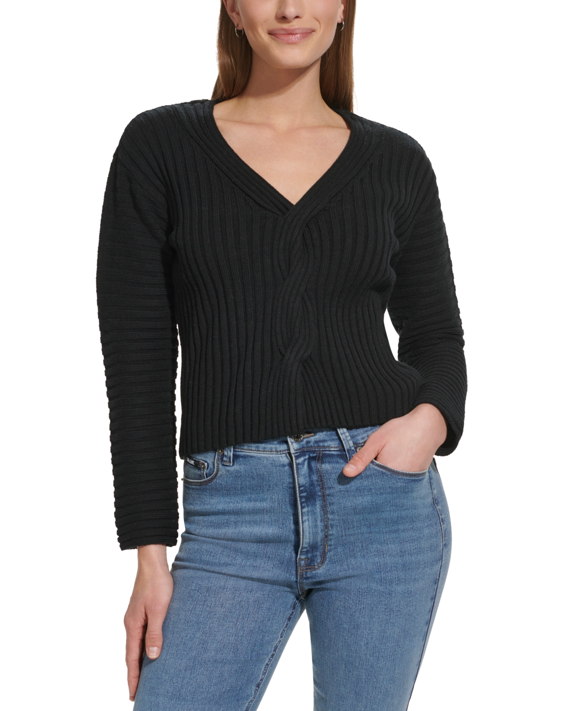 Dkny Jeans Women's Cable-knit Cropped V-neck Sweater In Blk - Black