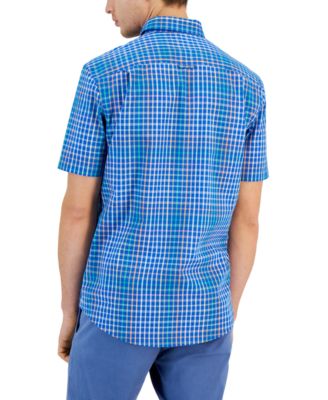 Club Room Men's Bright Plaid Poplin Short Sleeve Button-Down Shirt, Created for Macy's
