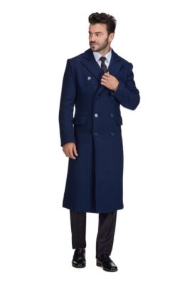 Men's Double-Breasted Knee Length Wool Blend Three Button Long Overcoat Top Coat