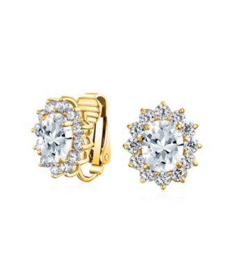 Classic Cubic Zirconia CZ Halo Crown Oval Stud Clip On Earrings Non Pierced Ears