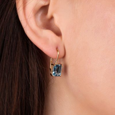 Traditional 4.50 CTW Created Stone Emerald Cut Drop Earrings Hinge Lever Back Yellow Gold Plated Sterling Silver