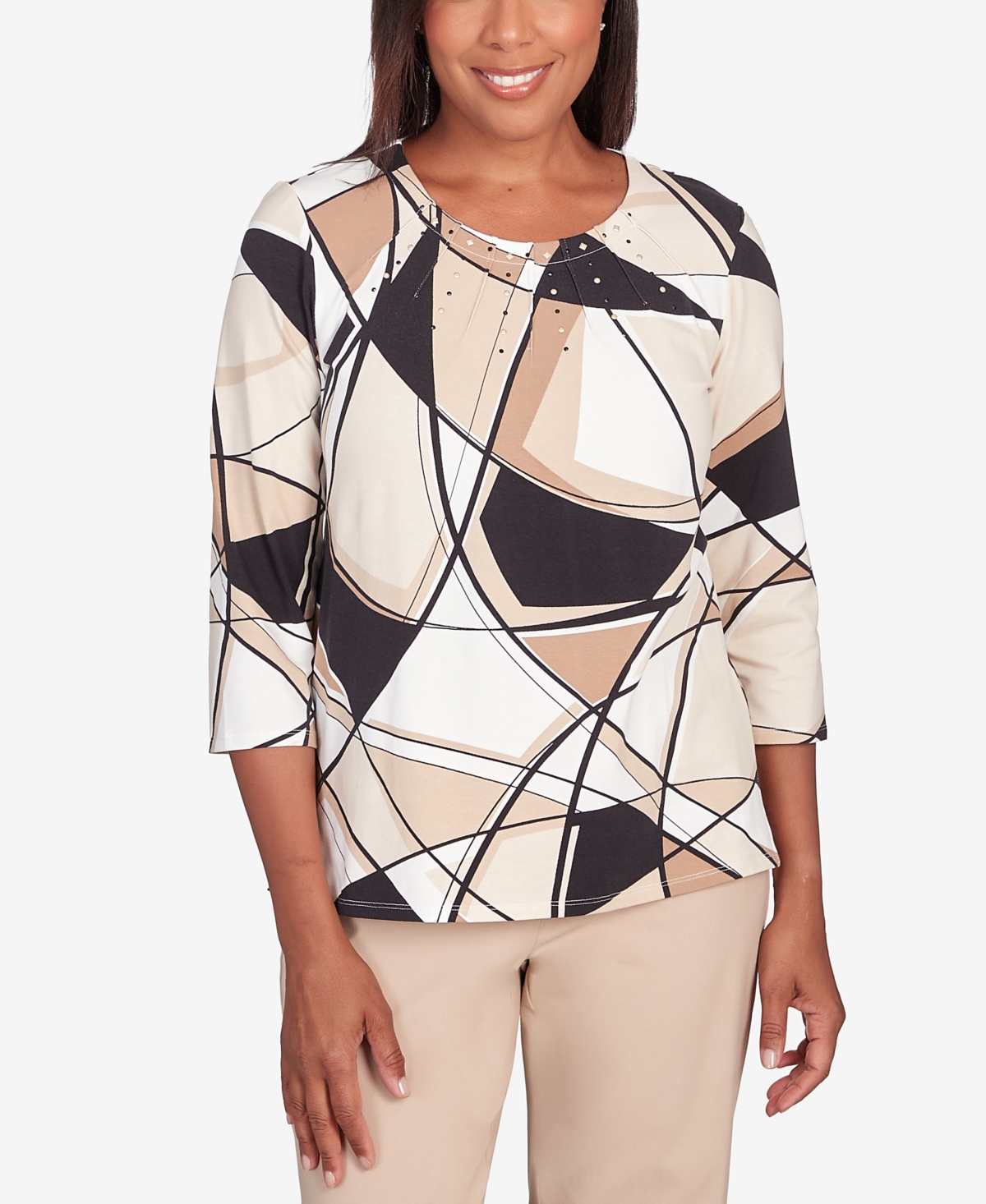 ALFRED DUNNER PETITE NEUTRAL TERRITORY ABSTRACT PATCHWORK PLEATED NECK TOP
