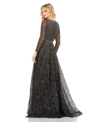 Mac Duggal Women's Embellished Illusion Long Sleeve V Neck Gown - Macy's