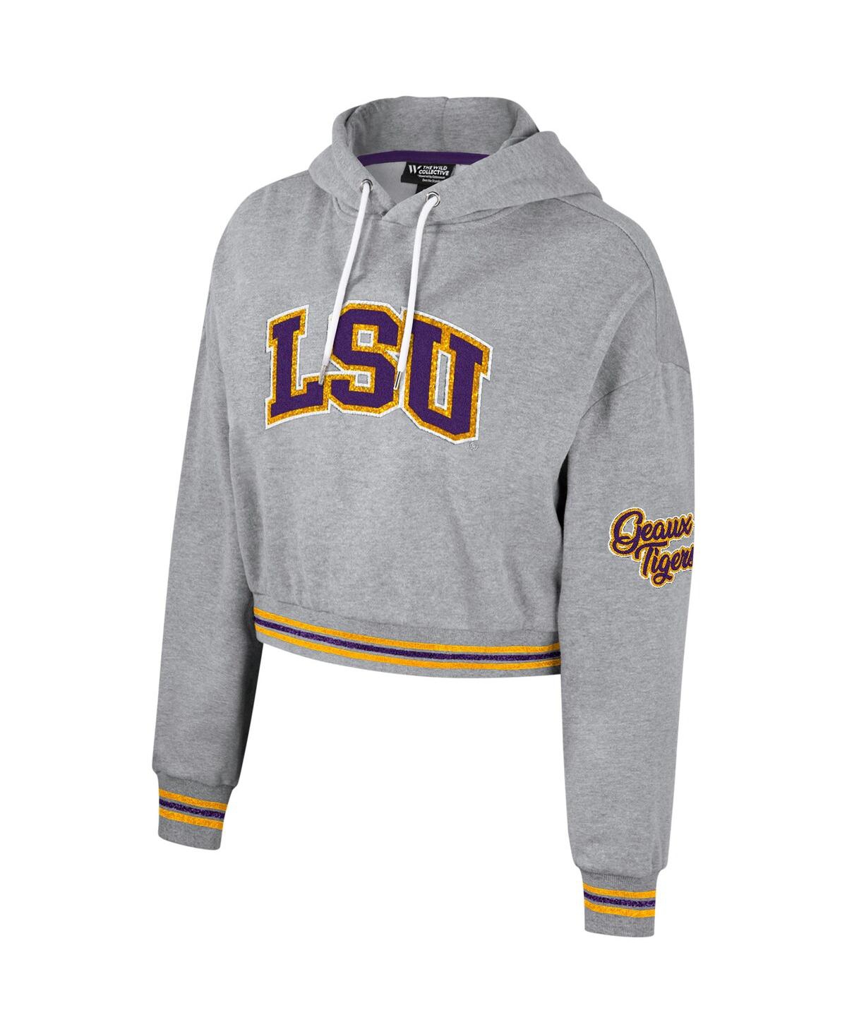 Shop The Wild Collective Women's  Heather Gray Distressed Lsu Tigers Cropped Shimmer Pullover Hoodie