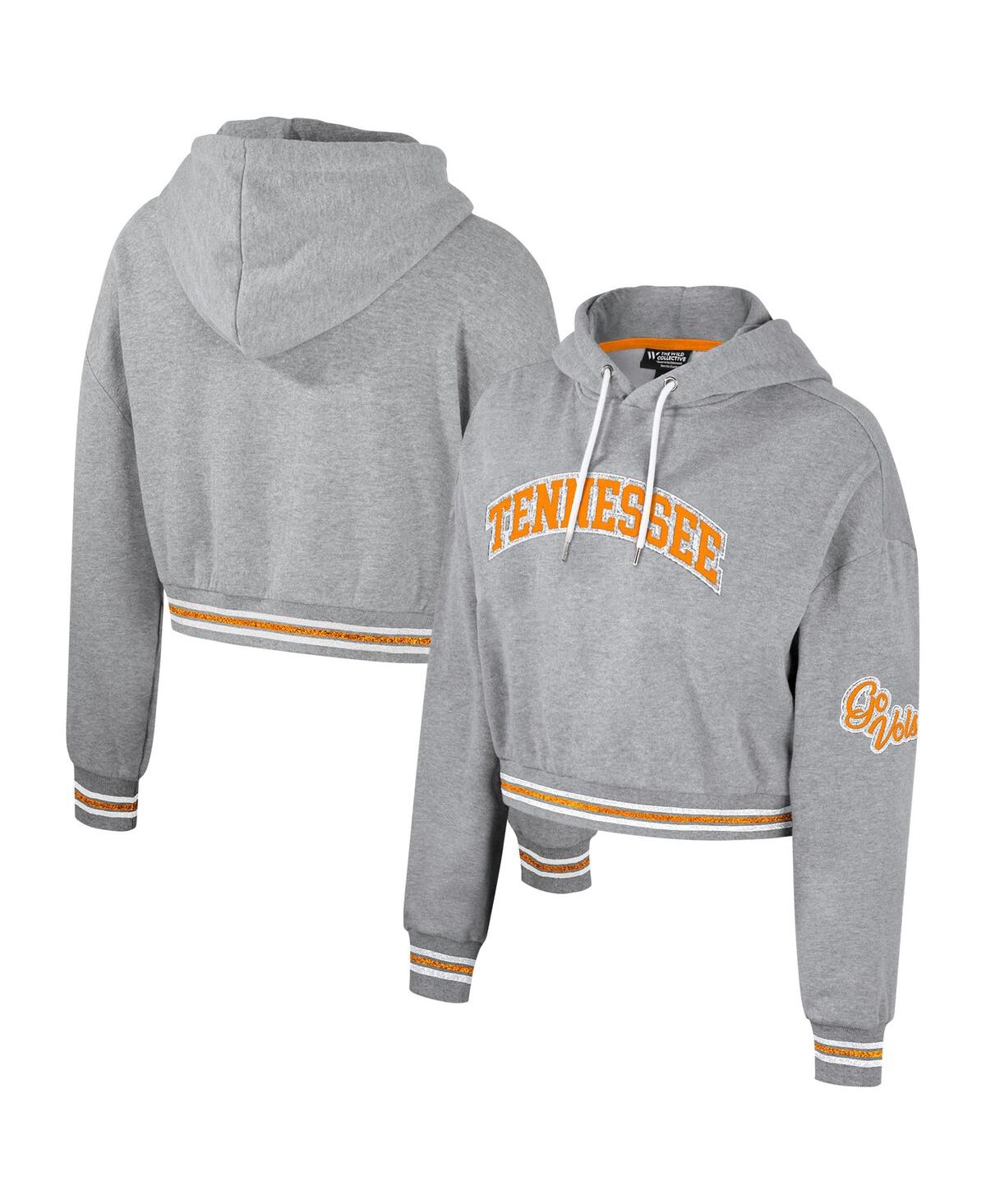 Women's The Wild Collective Heather Gray Distressed Tennessee Volunteers Cropped Shimmer Pullover Hoodie - Heather Gray