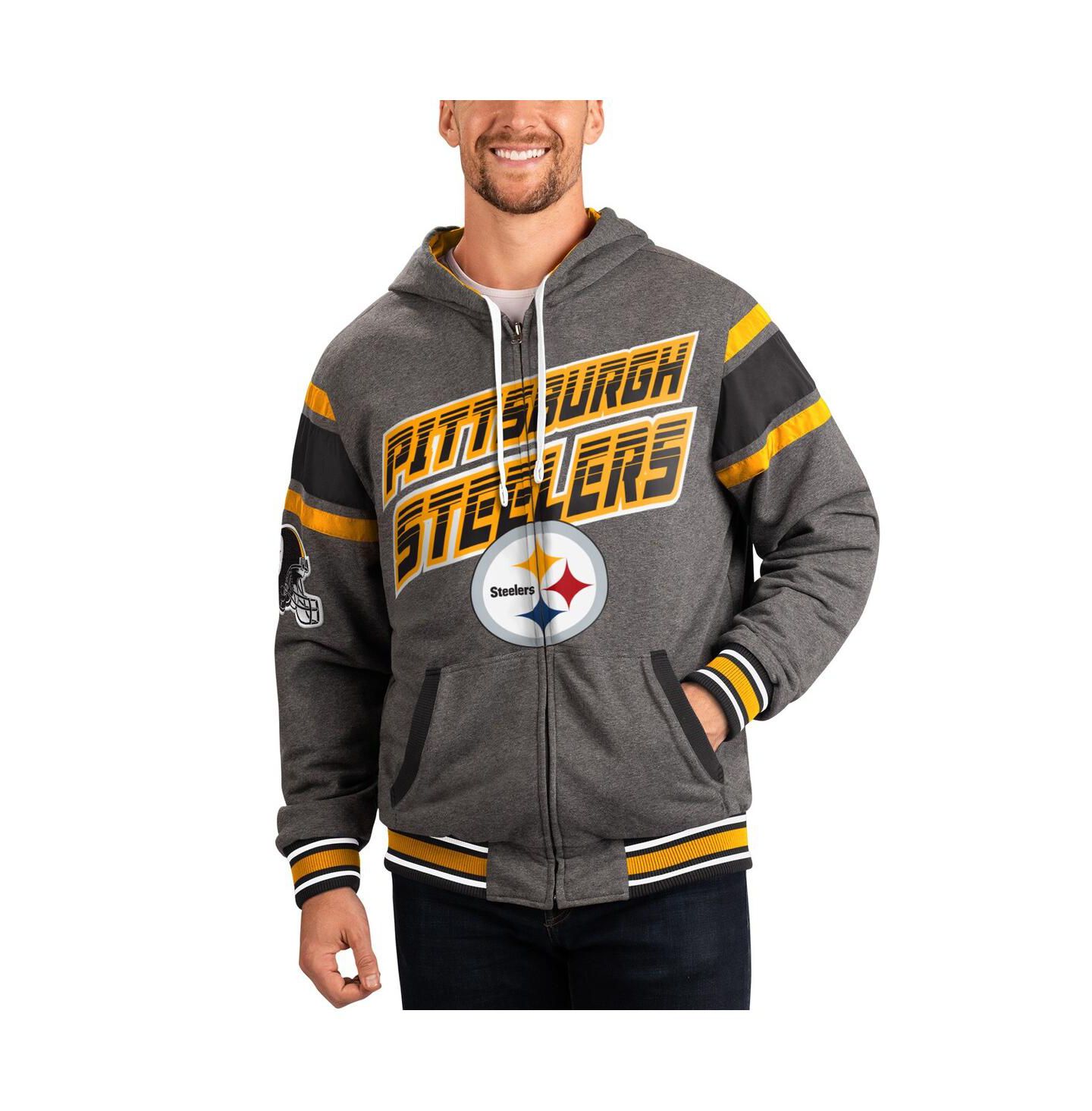 Мужские худи G-III Sports by Carl Banks Black, Gray Pittsburgh Steelers Extreme Full Back Reversible Full-Zip Jacket — фото 1