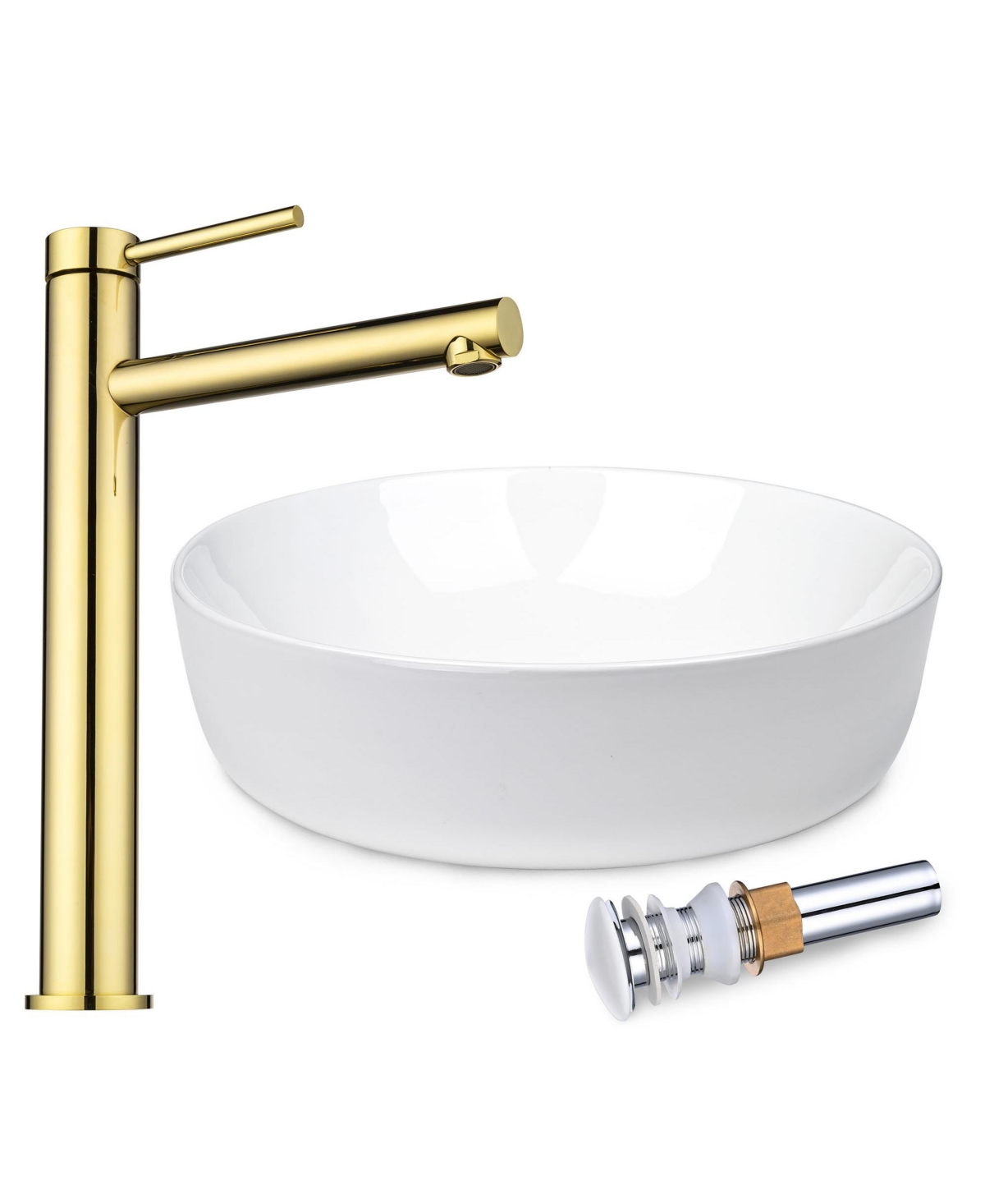 Round Bathroom Countertop Vessel Sink Faucet Set Vanity Mixer Tap w/Pop Up Drain - Natural