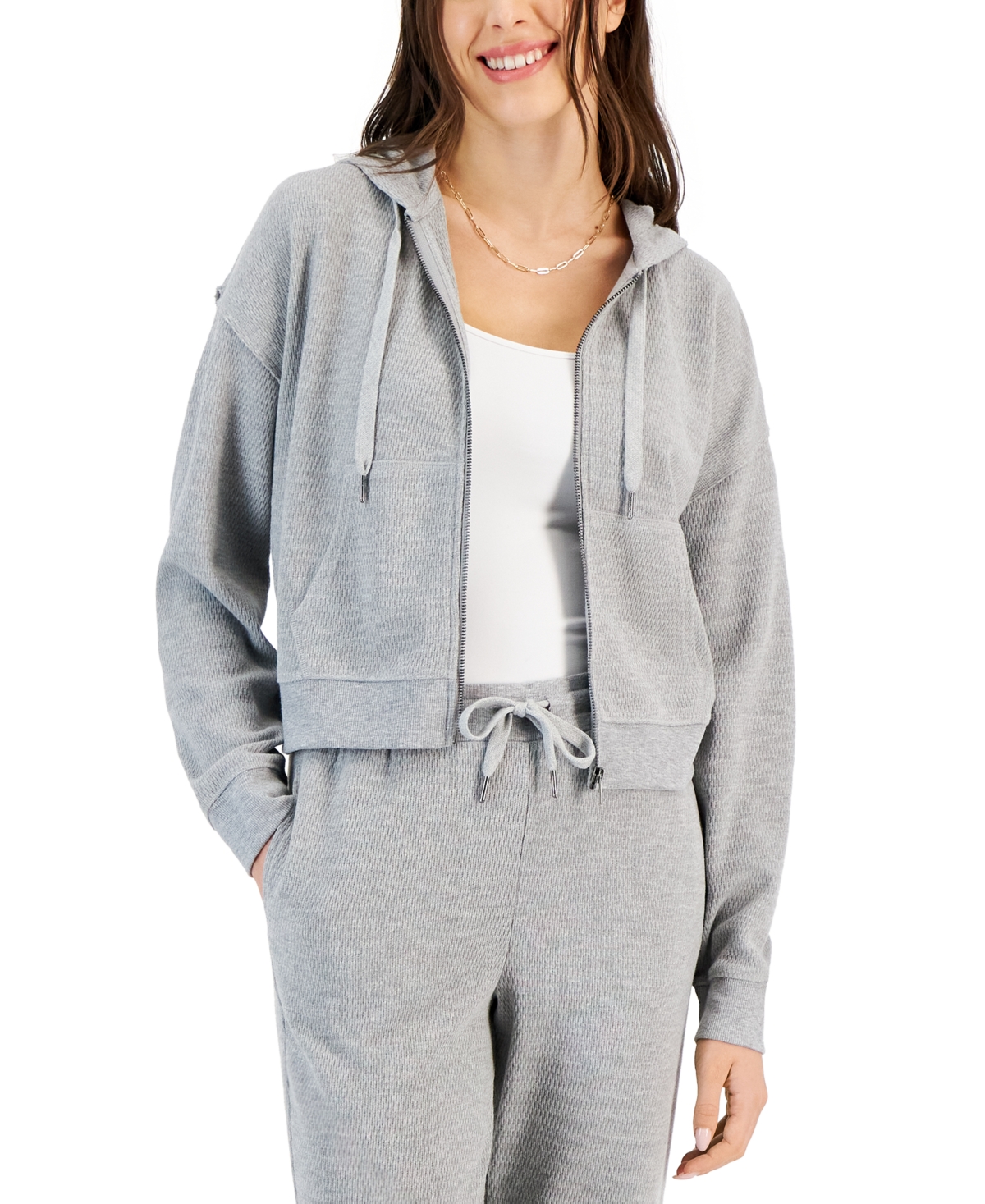 Hippie Rose Juniors Waffle Knit Zip Up Hoodie Light Heather Grey Smart Closet