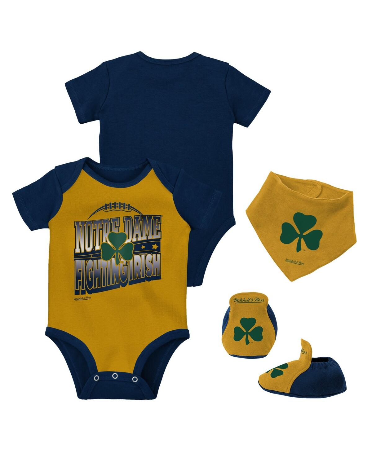 Mitchell & Ness Babies' Infant Boys And Girls  Navy, Gold Notre Dame Fighting Irish 3-pack Bodysuit, Bib And In Navy,gold