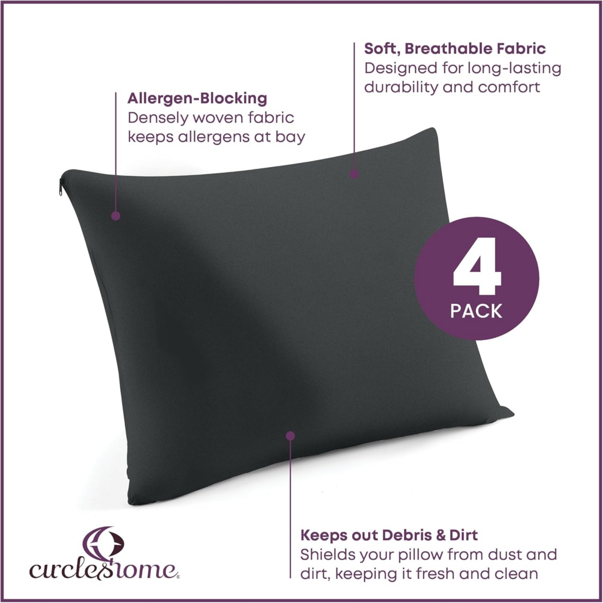 Circles Home 100% Cotton Size Pillow Protector with Zipper - (4 Pack)