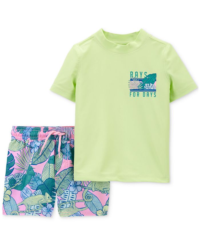 Toddler Boy Carter's Tropical Floral Rash Guard Top & Shorts Swim Set, Boy's, Size: 4T, Green Pink Floral