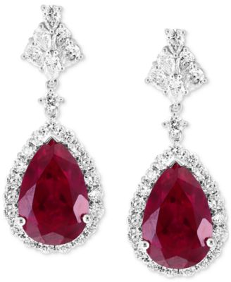 EFFY&reg; Lab Grown Ruby (6-5/8 ct. t.w.) & Lab Grown Diamond (1-1/2 ct. t.w.) Teardrop Halo Drop Earrings in 14k White Gold