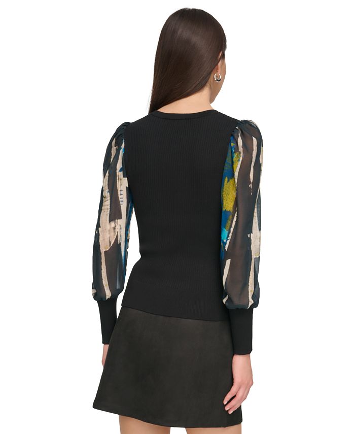 DKNY Damen Top Mit V-Ausschnitt – Rippenstruktur, 7/8-Ärmel, Figurbetont