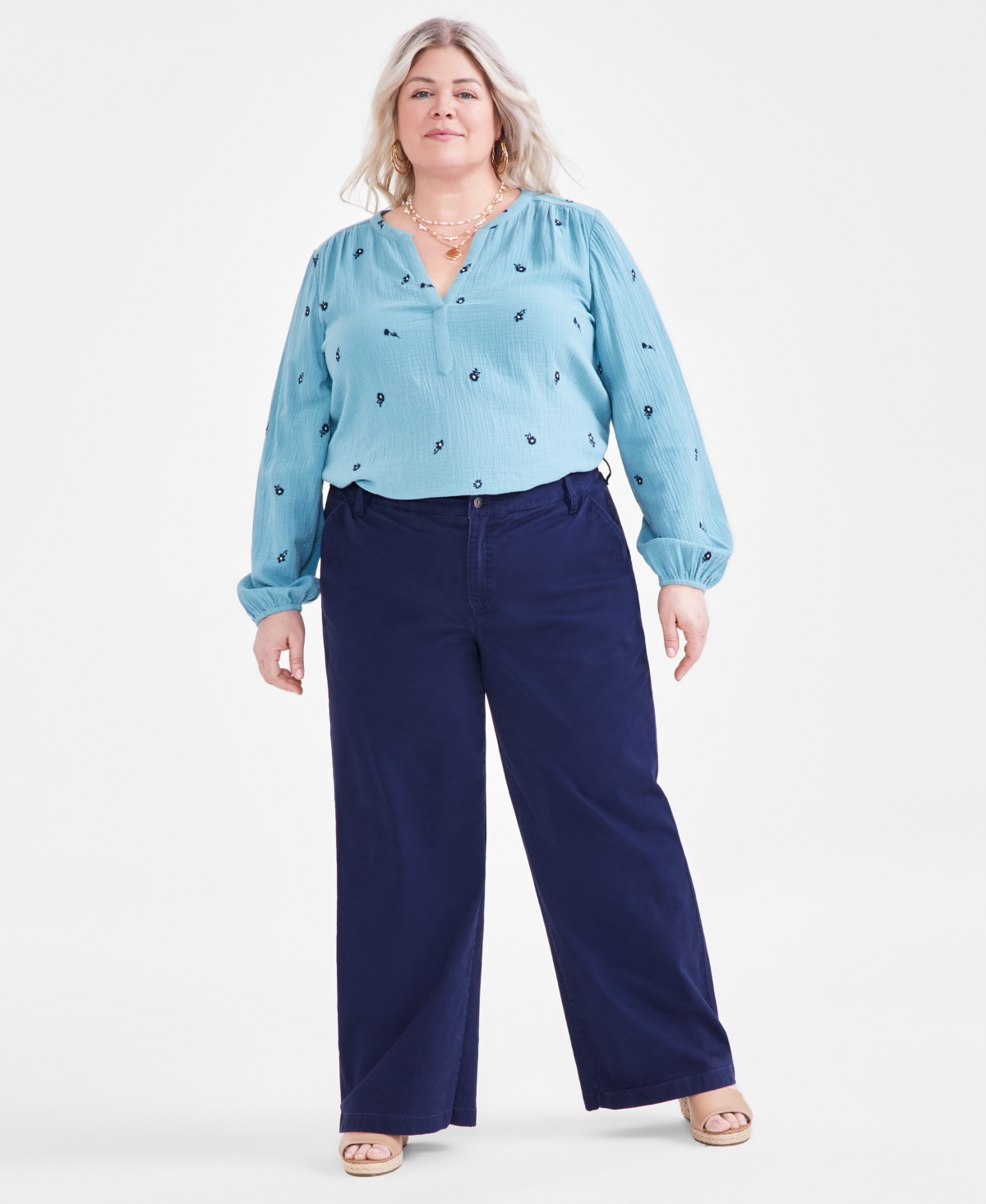 Shop Style & Co Plus Size High-rise Wide-leg Twill Pants, Created For Macy's In Industrial Blue
